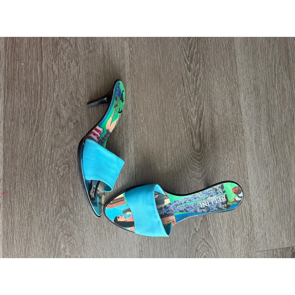 Bellini Italian Leather Kitten Heel Slides Blue Graphic Print 36 Y2K vintage